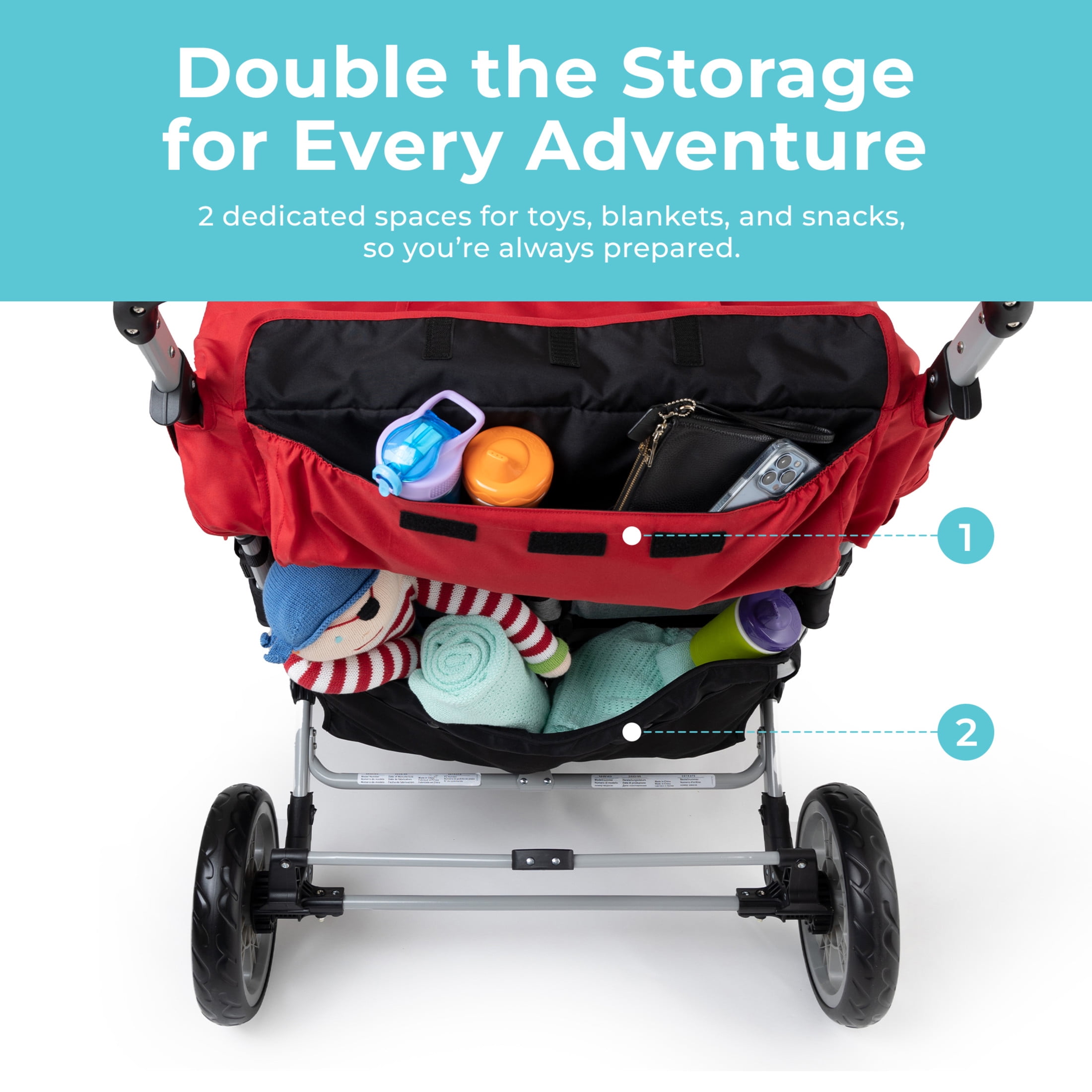 Foundations Gaggle Jamboree 6-Seat Folding Daycare Stroller with Canopies, Reclining Seats, Red/Black