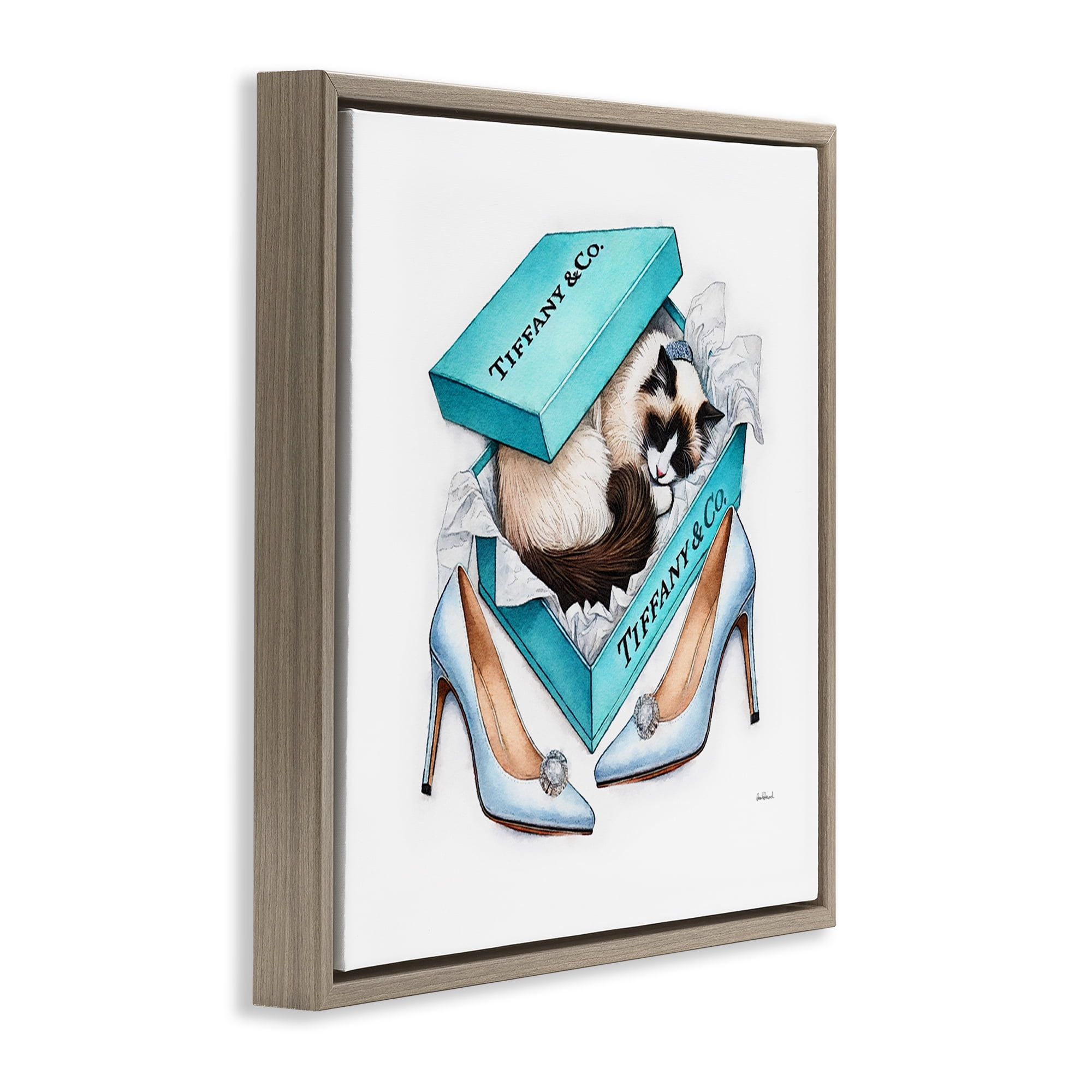 Stupell Industries Blue Shoebox with Kitten Animals Painting Brown Floater Framed Canvas Art Print Wall Art, 25 x 25