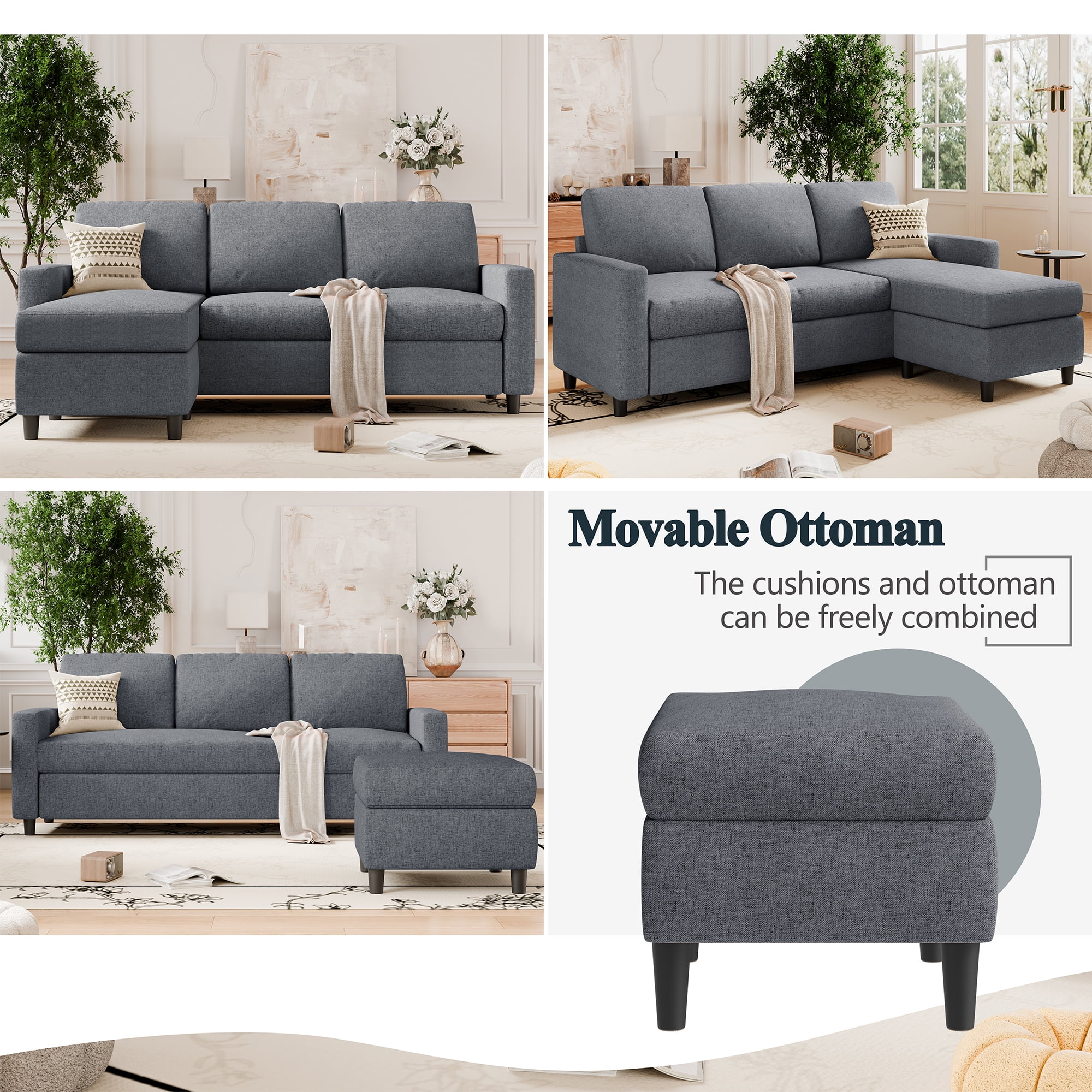 Walsunny 73.6" Convertible Sectional Sofa Couch, L-Shaped 3-Seat Sofa Couch with Reversible Chaise for Small Space,Dark Gray