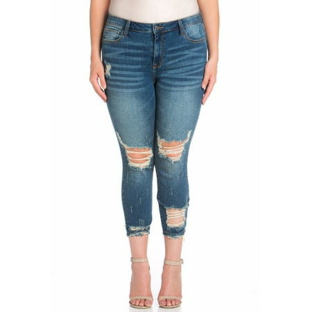 Pocket Ankle Crop - Juniors' Plus Size Mid Rise Destructed Crop Skinny Jean with Ankle Destroy