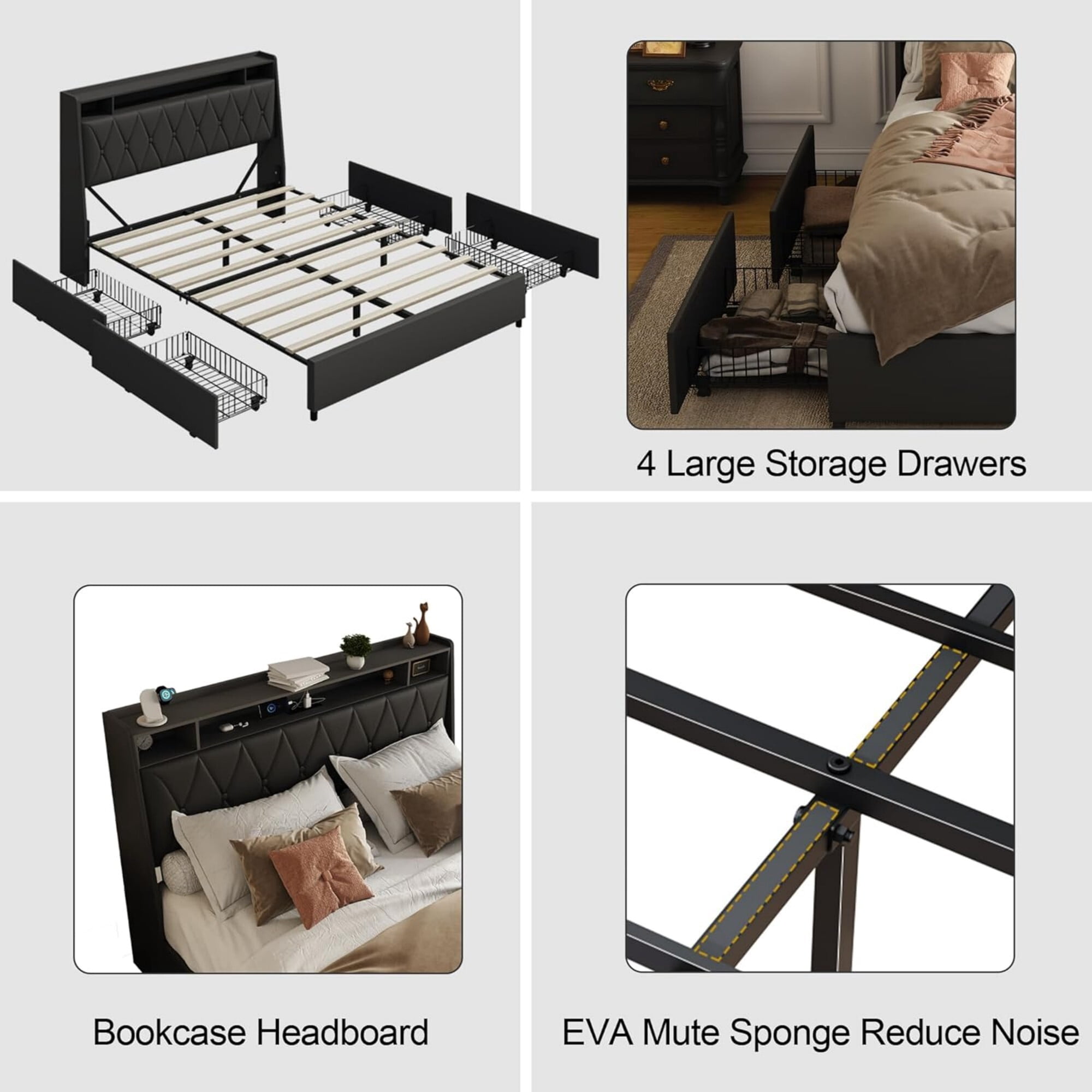 AENKYO Queen Size Bed Frame with LED Lights, Upholstered Storage Headboard & 4 Drawers, and Built-in Charging Station, Black