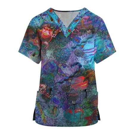 

Sksloeg Scrubs Tops Women Plus Size Breathable Tie-dye Printed Shirts Tee Tops Short Sleeve V-Neck Nursing Working Uniform with Pockets Dark Blue XXXXL