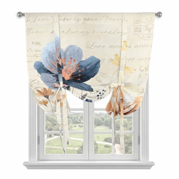 Blue Yellow Flowers Tie Up Curtains for Windows, Balloon Window Shades, Spring Summer Garden Wildflowers Retro Kitchen Window Treatments Roll Up Curtain for Basement/Nursery 52"x45"
