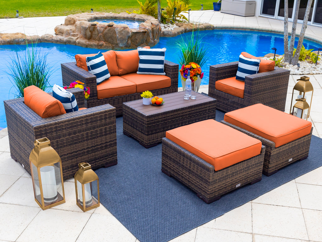 Sorrento 6-Piece M Resin Wicker Outdoor Patio Furniture Lounge Sofa Set in Brown w/ Loveseat Sofa, Two Armchairs, Two Ottomans, and Coffee Table (Flat-Weave Brown Wicker, Sunbrella Canvas Tuscan) - image 1 of 4