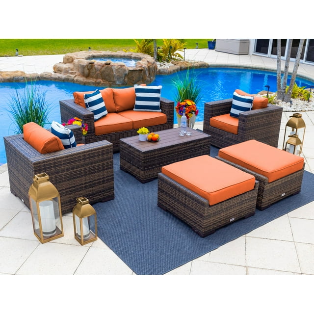 Sorrento 6-Piece M Resin Wicker Outdoor Patio Furniture Lounge Sofa Set in Brown w/ Loveseat Sofa, Two Armchairs, Two Ottomans, and Coffee Table (Flat-Weave Brown Wicker, Sunbrella Canvas Tuscan)