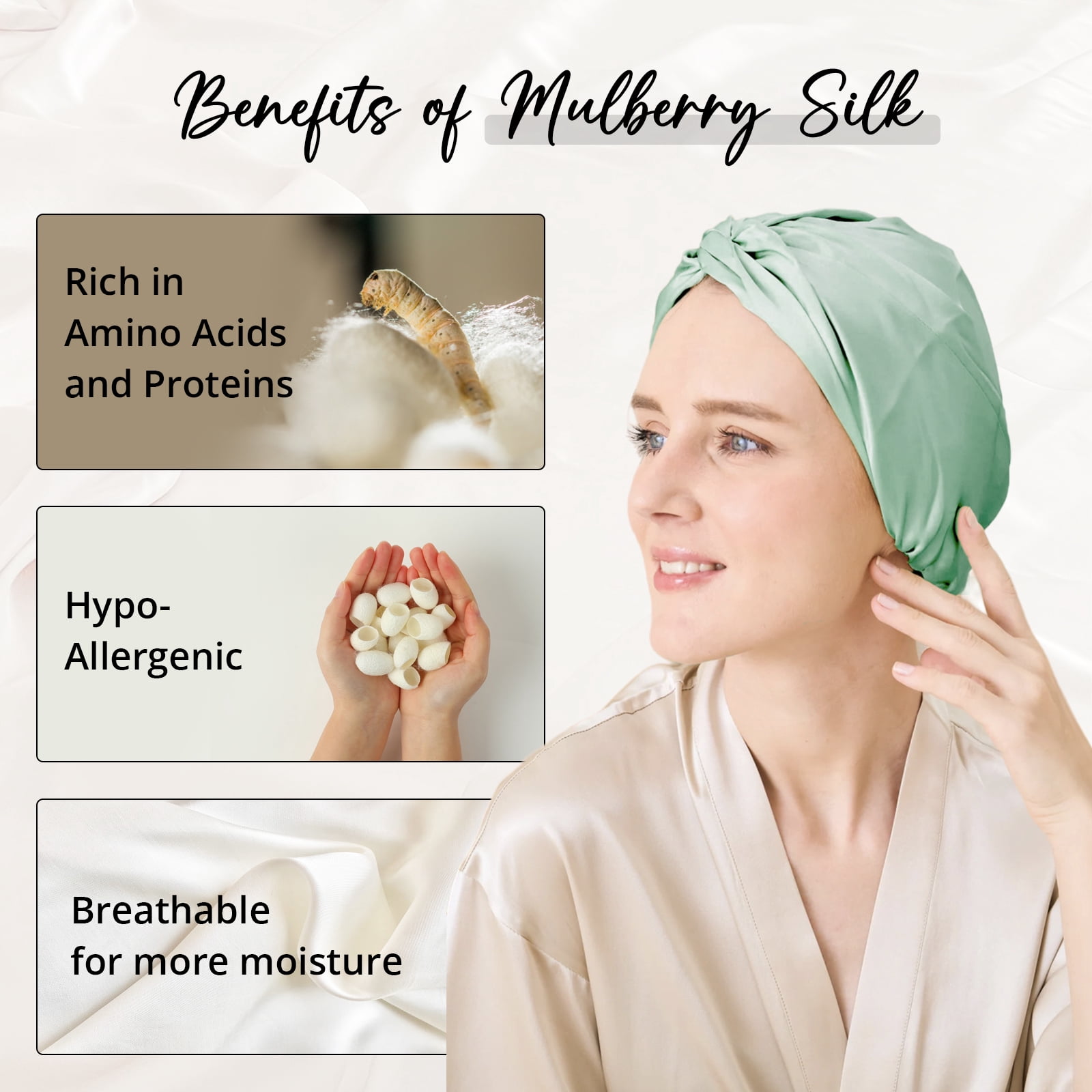 WIGI 100% Mulberry Silk Bonnet with Scrunchie Gift for Women, Silk Bonnet for Sleeping, Shower Cap Hair Bonnet, Silk Hair Wrap for Hair Care (100% Mulberry Silk (Bow design), Mint Green)