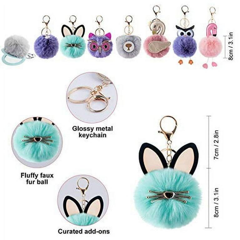 2 Pieces Cute Animal Pom Pom Keychain Faux Fur Fluffy Key Ring for Women  Girls