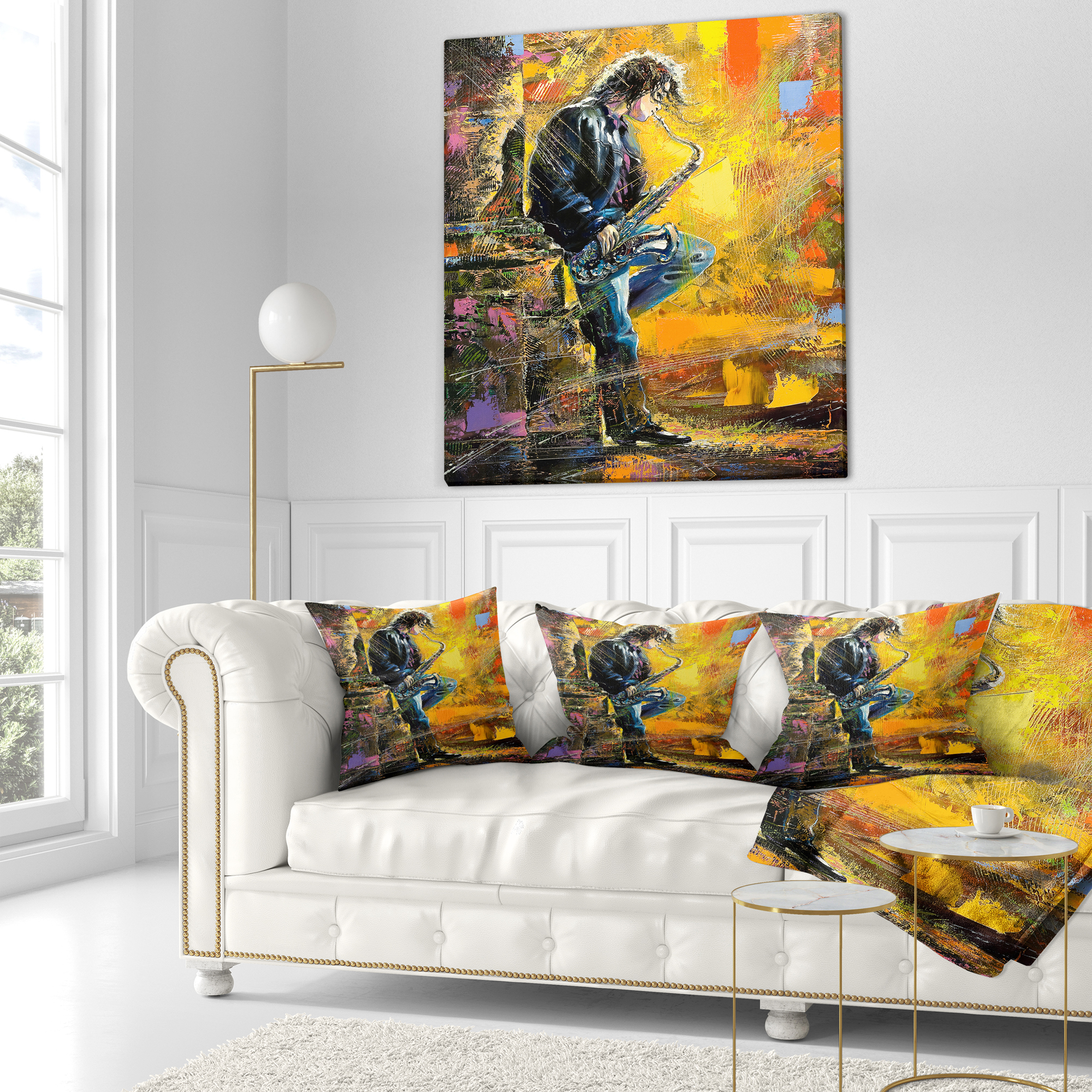 Designart Man with Saxophone - Contemporary Throw Pillow - 18x18
