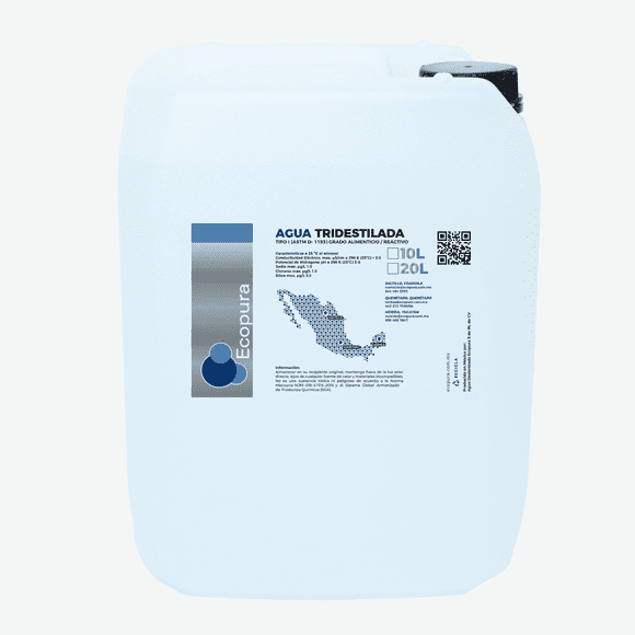 Agua Tridestilada en garrafa 20 litros, marca ECOPURA