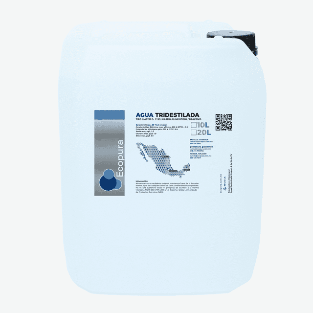 Agua Tridestilada en garrafa 20 litros, marca ECOPURA.