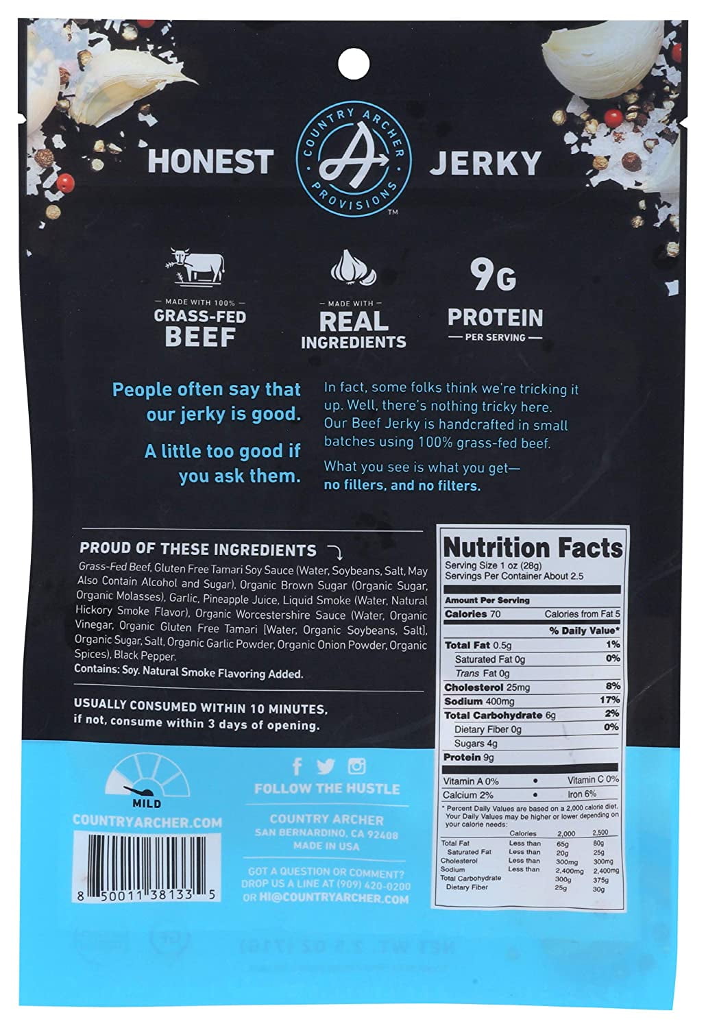 Country Archer Jerky Co Teriyaki Grass-Fed Beef Jerky, 2.5 Ounce, 12 Per Case