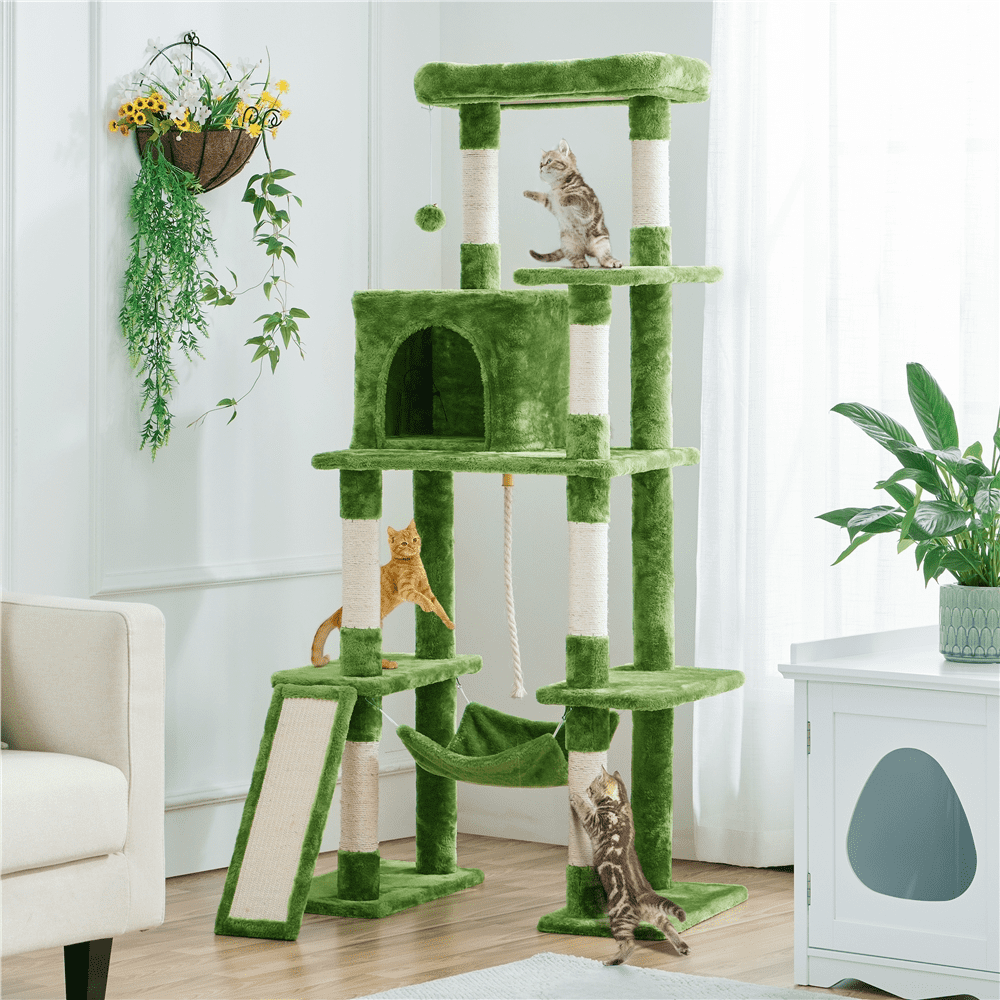 Yaheetech 62.6 Inch Multilevel Cat Tree with Hammock and 7 Scratching Posts, Green