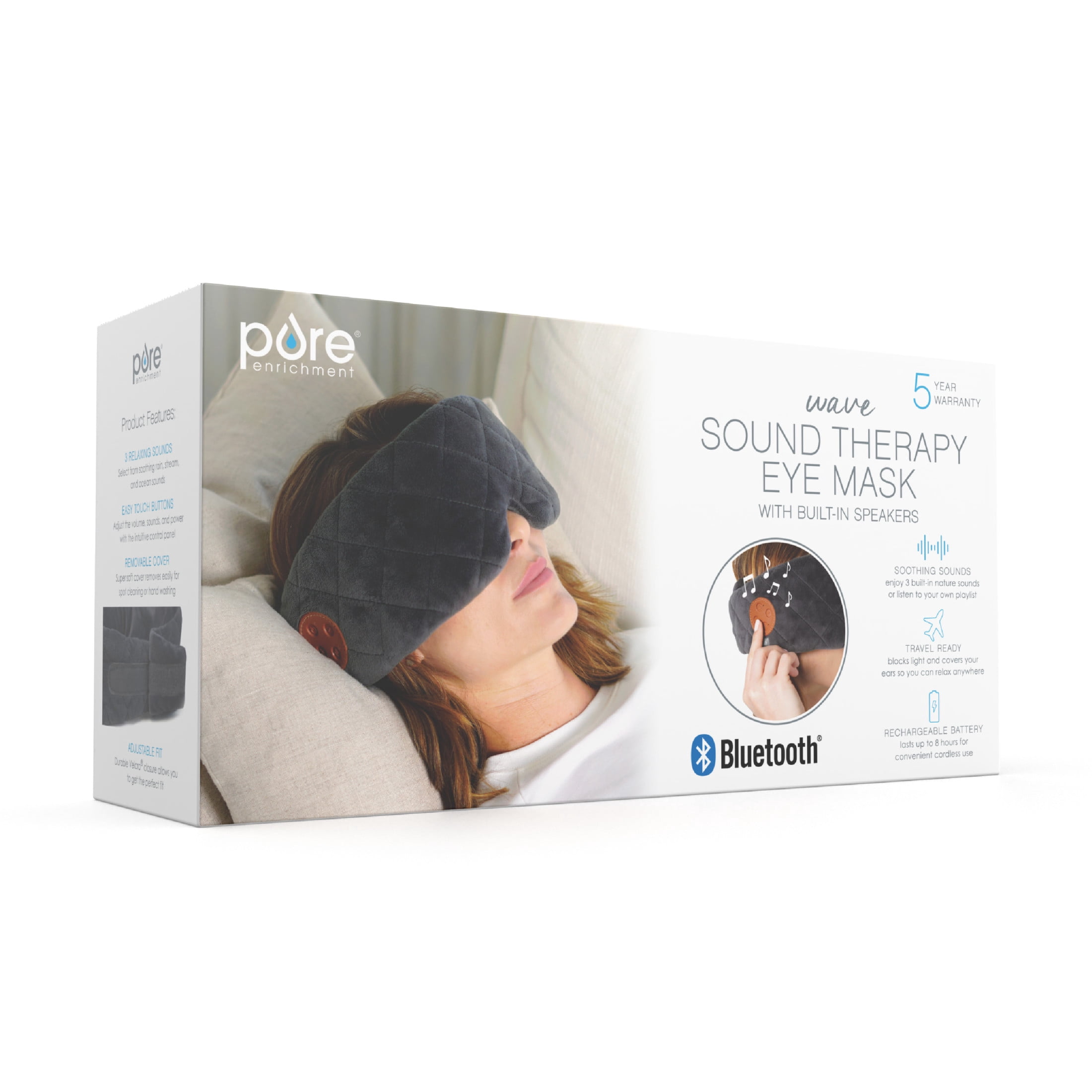Pure Enrichment Wave Sound Therapy Eye Mask - Rechargeable Bluetooth Speakers, Light Blocking Design, Soft Micromink Fabric, 3 White Noise Sounds, and Adjustable Closure - Ideal for Travel