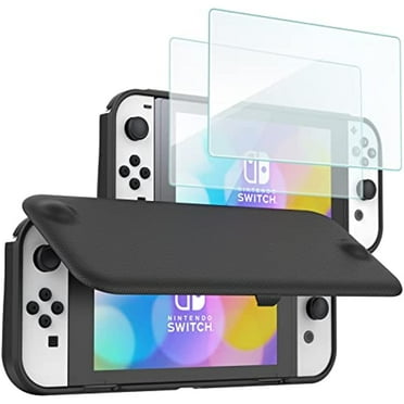 ProCase Flip Cover for Nintendo Switch OLED with 2 Pack Tempered Glass Screen Protectors, Slim Protective Case with Magnetically Detachable Front Cover for Nintendo Switch OLED 2021 -Black