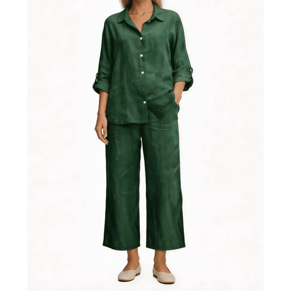 Amzcrzy Two Piece Sets for Women 2026 Solid Color Spring Outfits V Neck Button Down Shirt with Roll Tab Sleeves Wide Leg Pants Lounge Sets with Pockets Dressy Casual Loungewear Sets Green XL