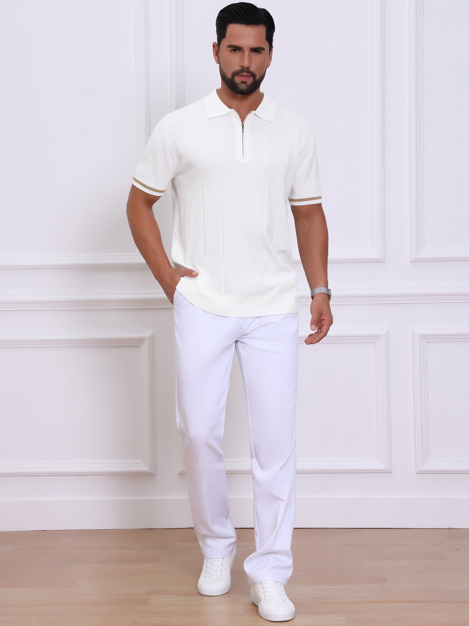 DARING DIVA Men's Textured Zip Up Ribbed Hem Short Sleeve Golf Polo Shirts L White