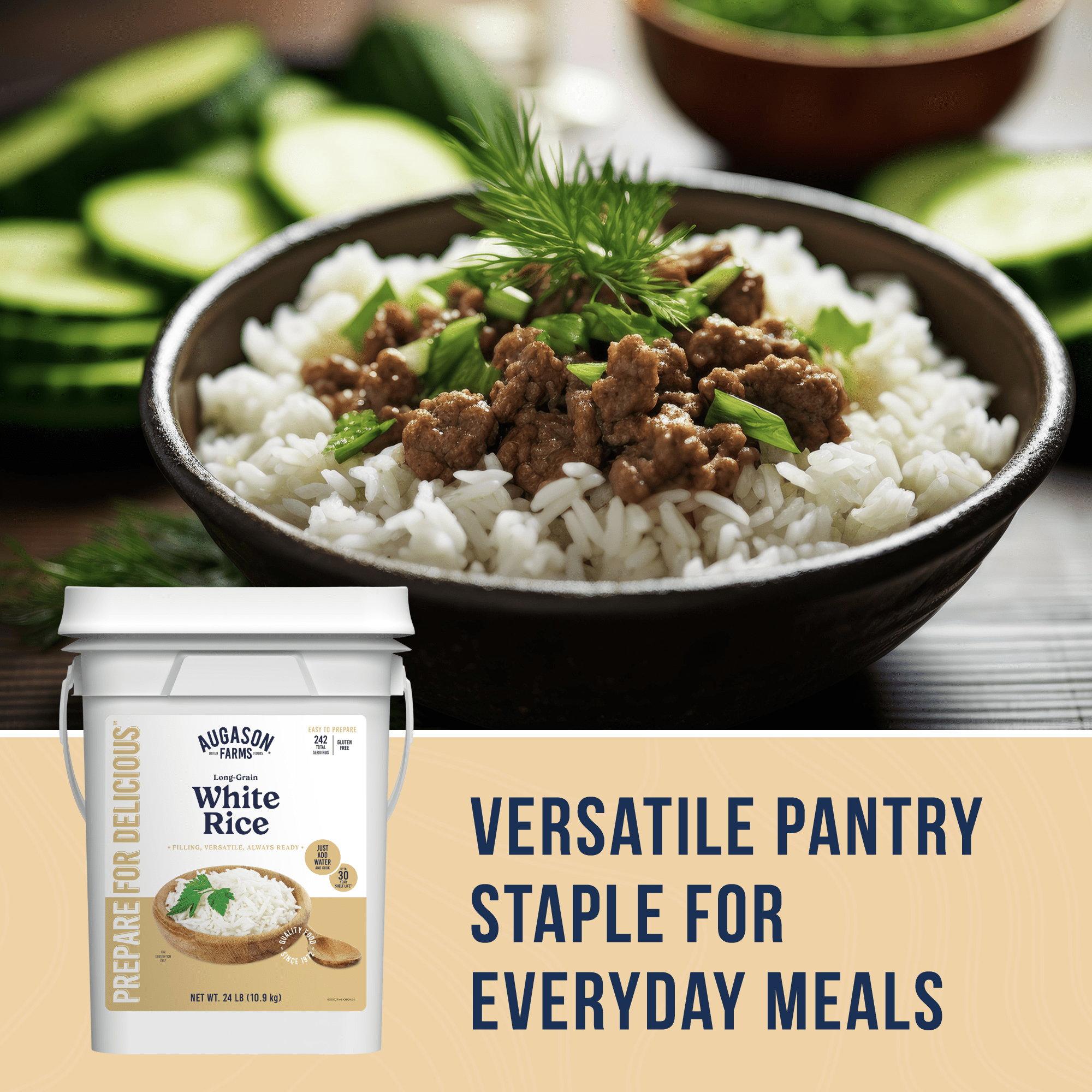 Long-Grain White Rice Emergency Food Supply, 242 Servings, 30 Year Shelf Life, Certified Gluten Free Rice - Dehydrated Meals, Survival Food Camping Essentials Bucket