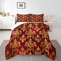 Feelyou Retro Damask Full Size Comforter Sets, Red Gold Mandala Flower Bedding Sets, 3pcs