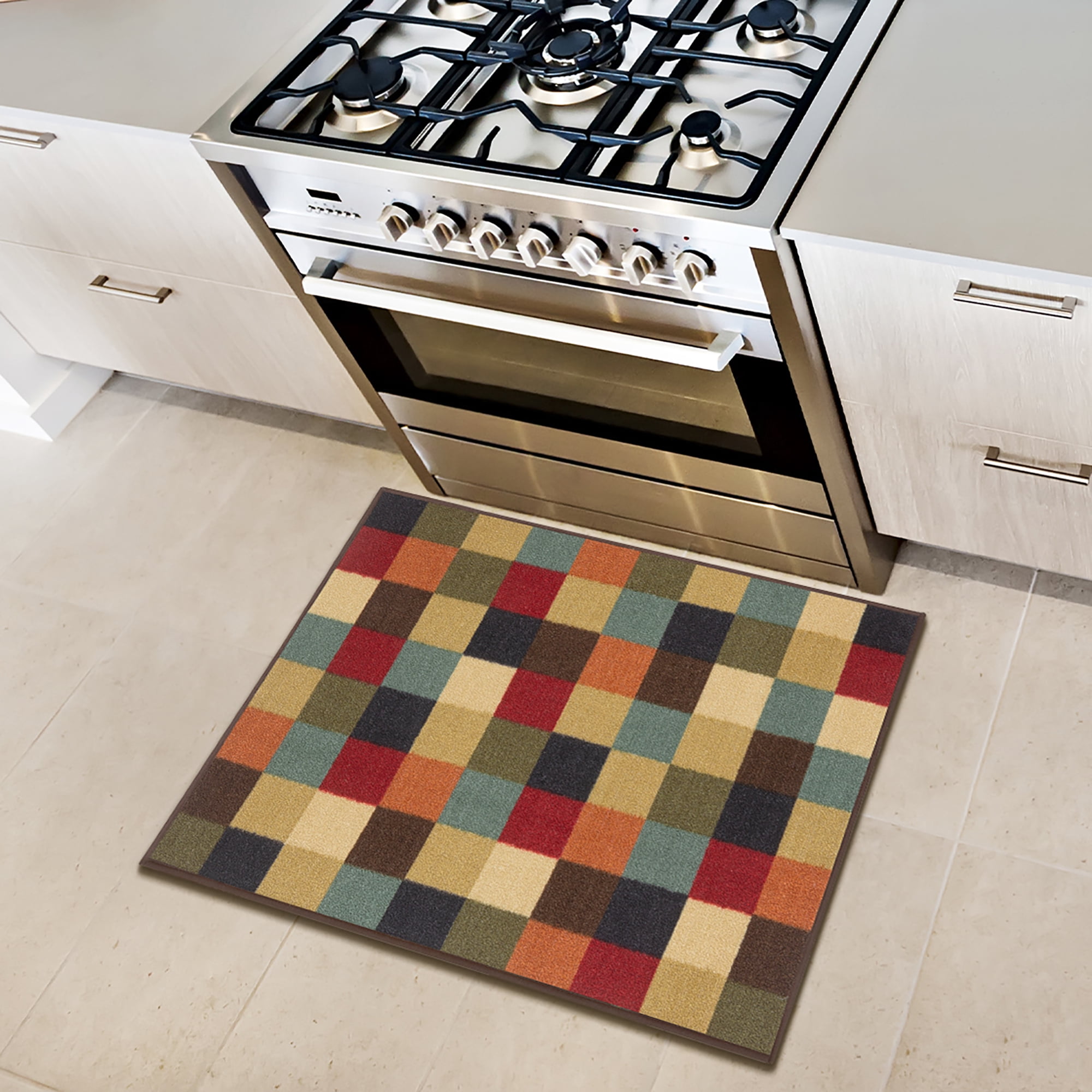 Ottomanson Non-Slip Accent Rug 2'7" x 3' – Low Pile Entryway Bedroom Small Rug, Checkered Multicolor