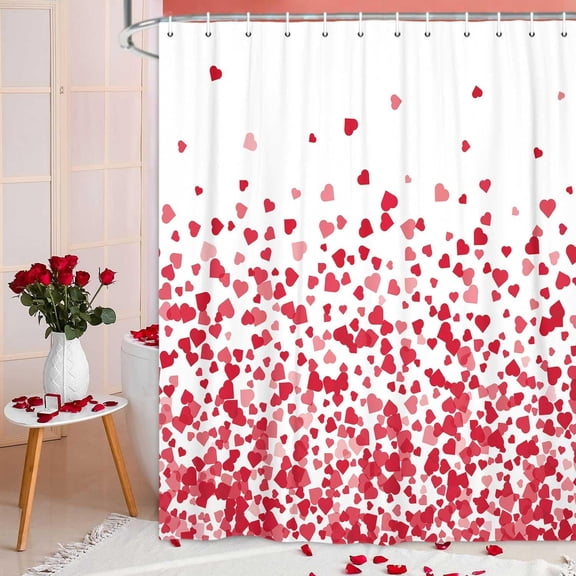 Heart Shower Curtain, Valentine''s Day Falling Red Heart Fabric Bathroom Curtain and Hooks, Valentine''s Day Pink Love Waterproof Shower Curtain Set 36x72Inches…