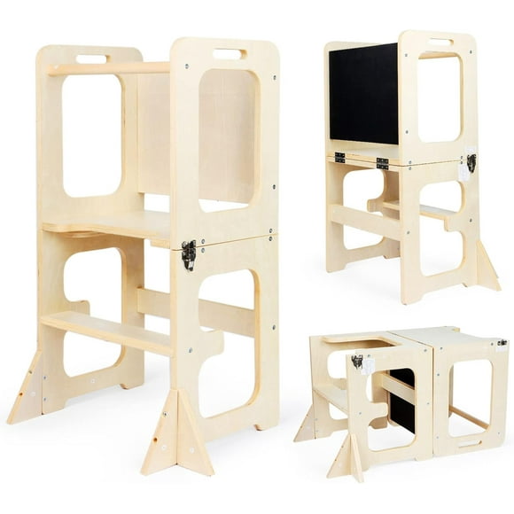 4 in 1 Toddler Learning Standing Tower, Toddler Step Stool Table Combo, Wooden Kitchen Step Stool for Toddlers with Chalkboard, Anti-Slip Protection, Ideal Helping Tower for Toddlers