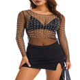 thumbnail image 2 of Hauts d'Été en Maille Transparente pour Femmes Manches Longues Col Strass Ajusté Crop Tops, 2 of 7