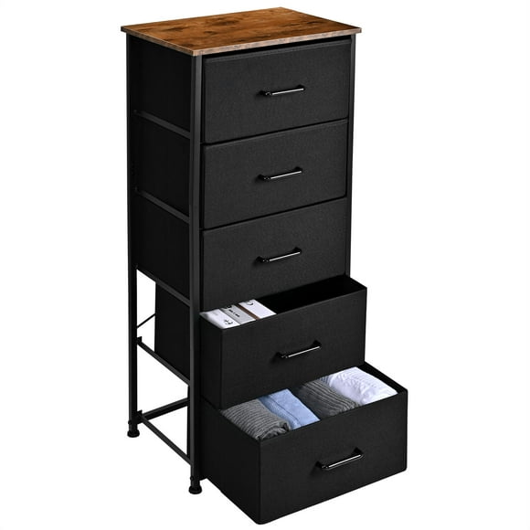 Tall Dresser with 5 Drawers, Vertical Bedside End Table & Chest for Bedroom, Storage Tower Dorm Nightstand with Fabric Drawer Organizer Unit