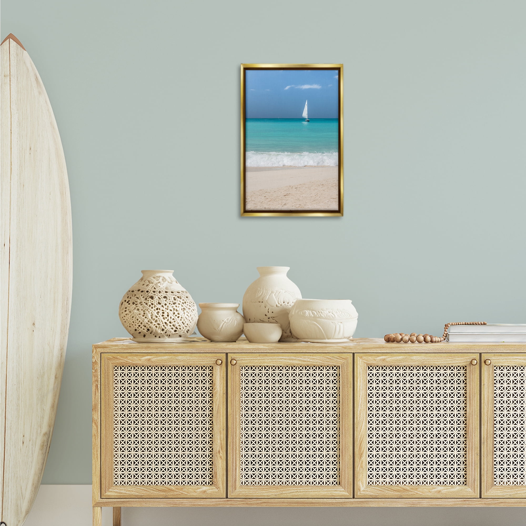 Stupell Industries Lone Sailboat Beach Tide Nautical & Beach Photography Gold Floater Framed Canvas Art Print Wall Art, 17 x 25