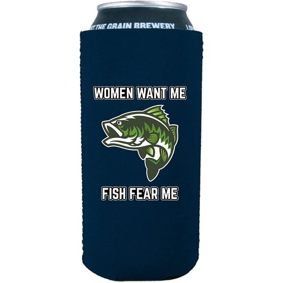 Women Want Me, Fish Fear Me Funny 16 oz. Can Coolie (Navy Blue)