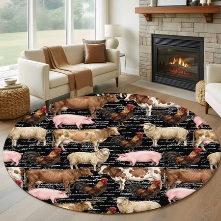 Farm Animals 8FT Round Area Rugs for Living Room Farmhouse Chicken Cow Sheep Pig Rustic Country Black Ultra-Thin Non-Slip Round Rugs Washable Low Pile Circle Carpet for Bedroom Kitchen Nursery