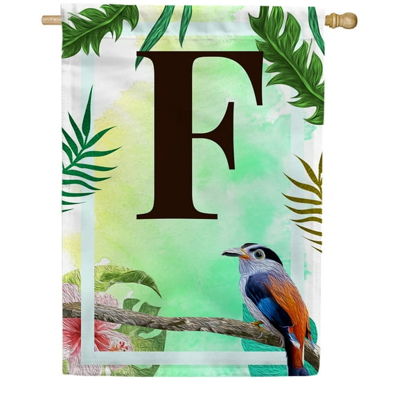 America Forever Tropical Bird Summer Monogram House Flag Letter F 28 x 40 inches Parrot Toucan Palm Leaves Double Sided Vertical Outdoor Yard Lawn Decorative Exotic House Flag