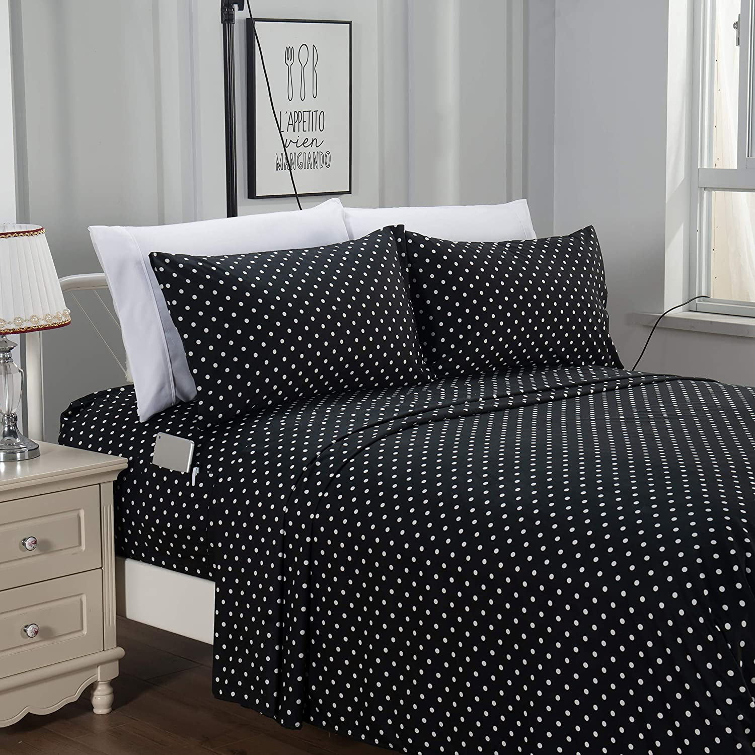 Elegant Comfort 6 Piece Bed Sheets Polyester Twin/Twin Xl Polkadot Black Polka Dot