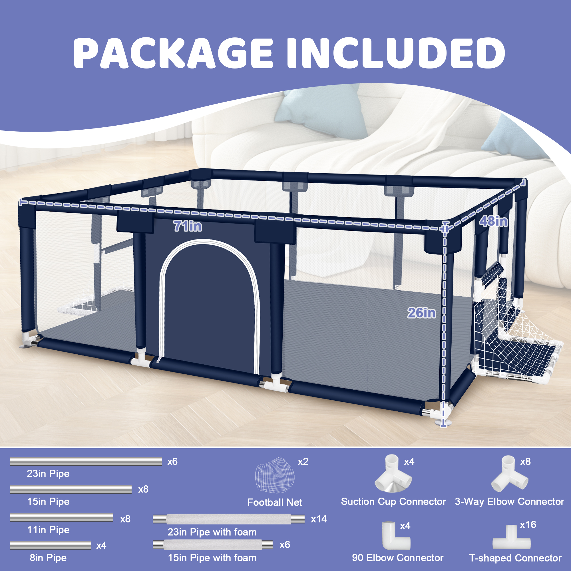 Baby Playpen, HDJ 71 inch Extra Large Baby Play Yard with Soft Breathable Mesh, Play Fence for Infant and Toddlers, Anti-Slip Base, Blue