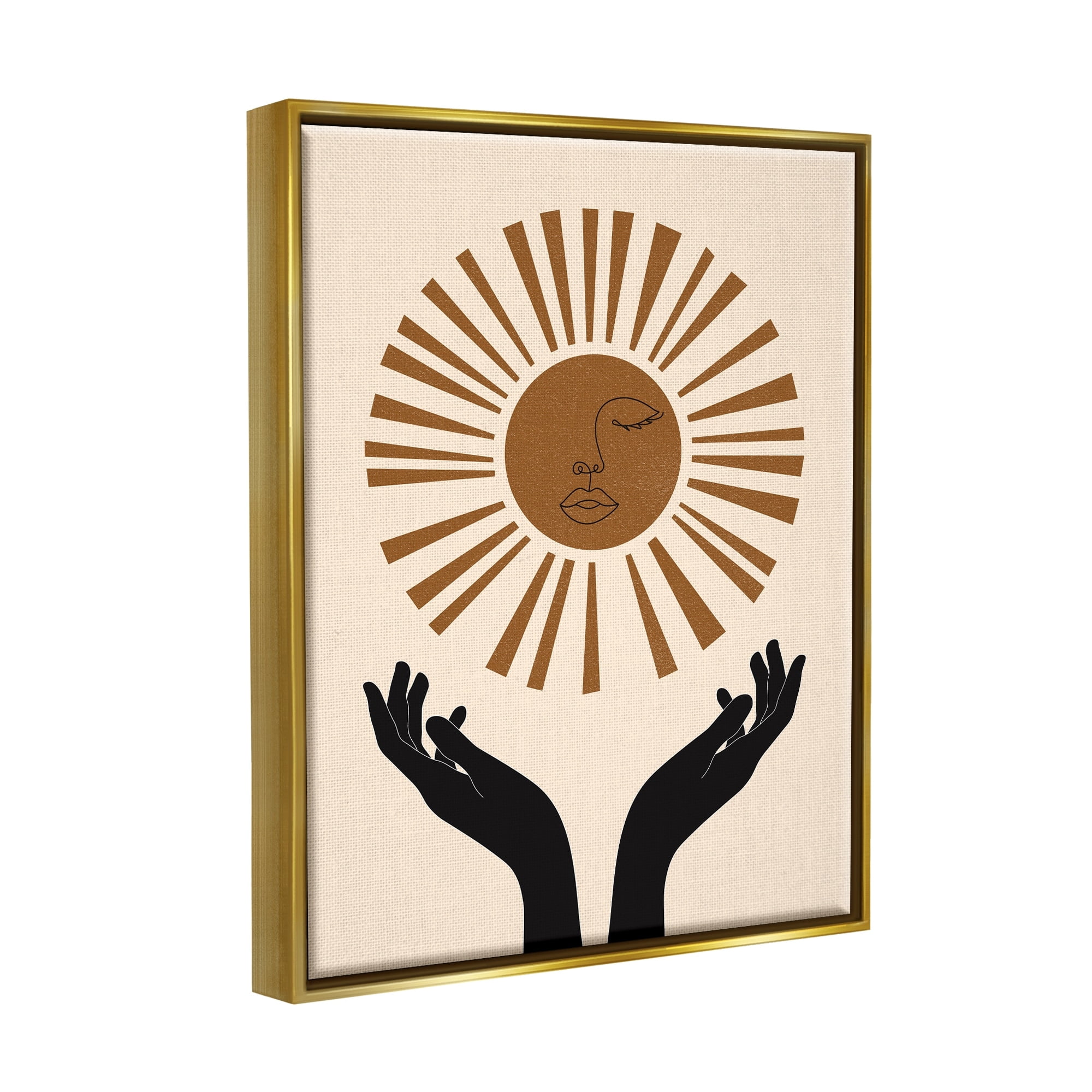 Stupell Industries Hands Holding Desert Sun with Face Linework Metallic Gold Framed Floating Canvas Wall Art, 16x20, by JJ Design House LLC