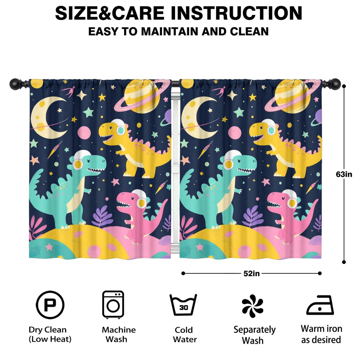 Blackout Kids Curtains,Cute Dinosaur Pattern Childrens Insulated Curtains Set Of 2,Bedroom Essentials,Toddler Room Decor 52x63in(132x160cm)