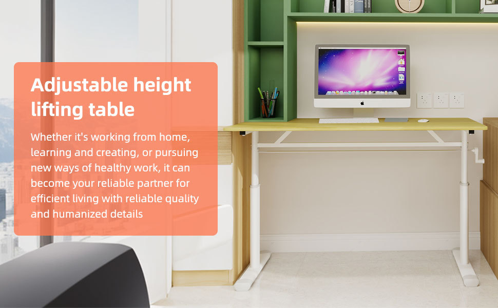 Lisonu Manual Height Adjustable Standing Desk, 47" Hand Crank Sit Stand Workstation, Ergonomic Home Office Computer Desk, Stable Iron & Wood Frame, White