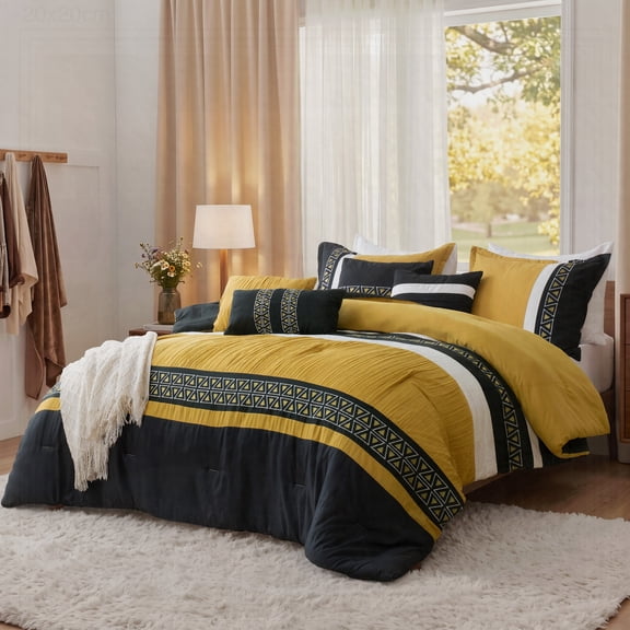 7-Piece Mustard Yellow Black Geometric Striped Embroidered Comforter Set, Boho Tribal Patchwork Bedding Set with Decorative Pillows