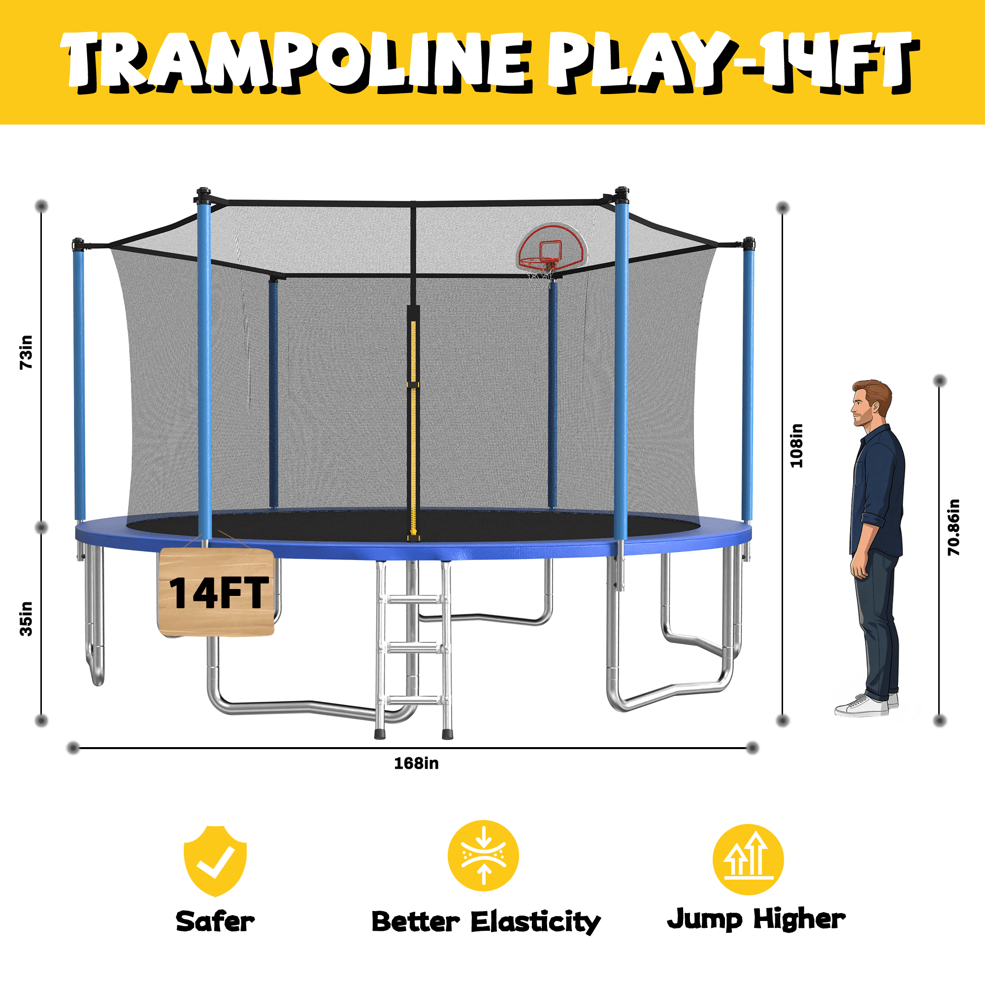 Mersco 14ft Heavy Duty Trampoline PLAY for Kids and Adult,Outdoor with Safety Enclosure Net, Basketball Hoop,Ladder,Jumping Trampoline for Boys and Girls Birthday Gifts, Big Backyard Trampoline, Blue