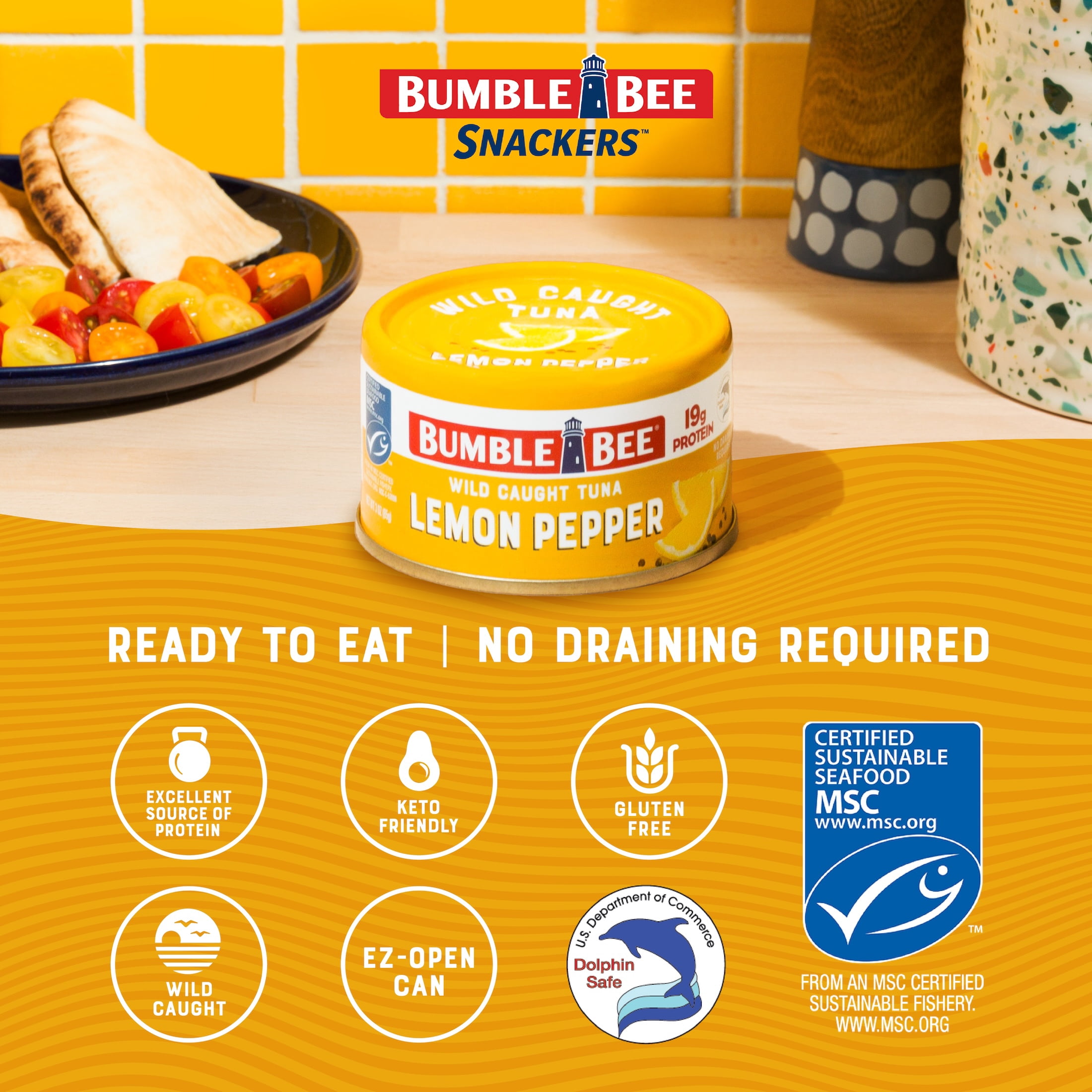 (16 pack) Bumble Bee Lemon Pepper Flavored Light Tuna, Wild Caught, Gluten Free, 19g Protein per Serving, Ready to Eat, No Draining, Shelf Stable Pull Tab Can, 3oz