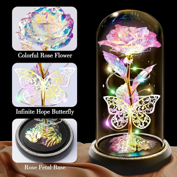 Birthday Gift for Women - Butterfly Light Up Preserved Rose in Glass Dome - Eternal Flower for Wife, Mom, Girlfriend - Anniversary Present Valentine day (Colorful)