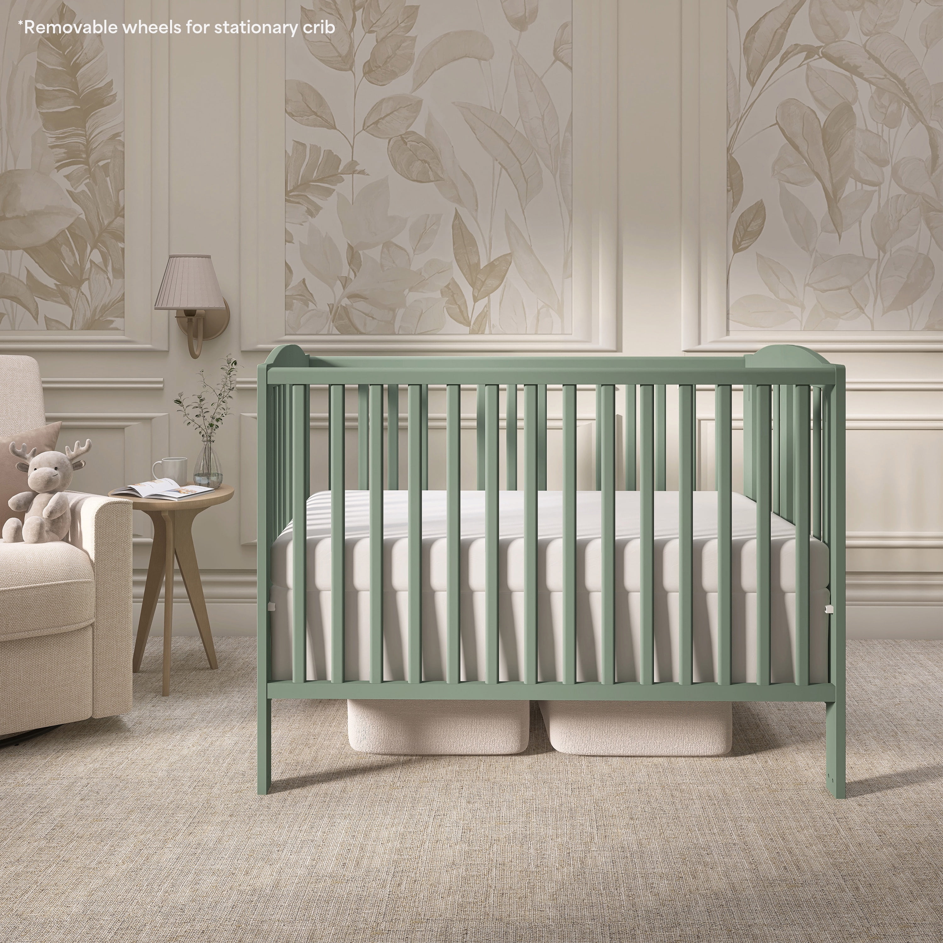Dream On Me Folding Full Size Convenience Crib in Meadow Green, Comes With Heavy Duty Locking Wheels