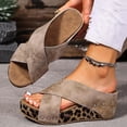 thumbnail image 3 of Rokment Leopard Platform Wedge Sandals for Women Fashion Casual Studded Cross-Band Leather Open Toe Backless Slip on Chunky High Heels Dress Slides Beach Summer Comfortable Khaki Size 9, 3 of 7