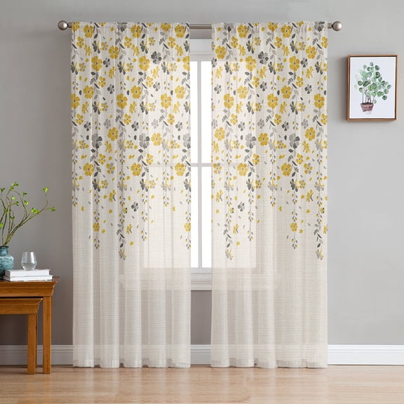Weeping Flowers Sheer Curtains 63 Inches Length 2 Panels Set, Window Sheer Curtains for Living Room/Bedroom, Yellow Grey Spring Floral Rustic Burlap Light Filtering Rod Pocket Curtain 52'' x 63'' x 2