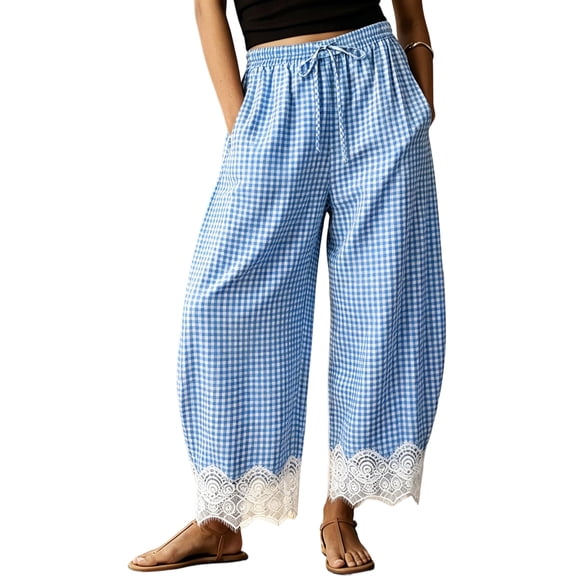 Sewkxo Womens Lace Trim Gingham Barrel Pants Wide Leg Elastic Drawstring Waist Lounge Pants Plaid Trousers with Pockets,Blue XL