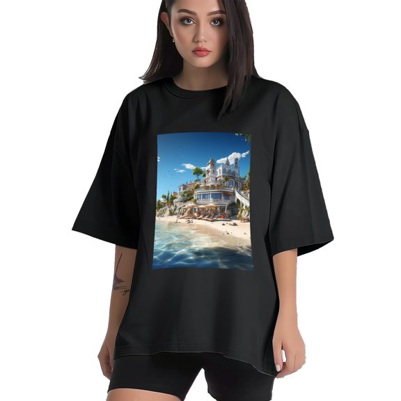 Plus Size Shirt for Women Black Tops for Women Short Sleeves Shirt for Women Seaside (2) T Shirt Crewneck Shirt for Women XS