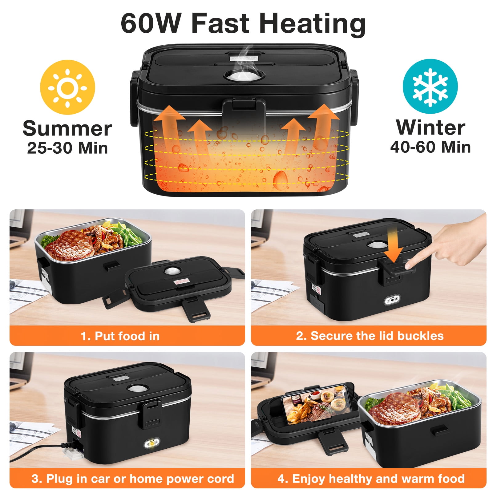 Livhil Electric Lunch Box Food Heater, Portable Food Warmer, Hot Lunch Warmer Heated Lunch Box for Adults, 60W 1.8L 12V-24V 110V Stainless Steel Container Portable Food Heater (Black+Black)