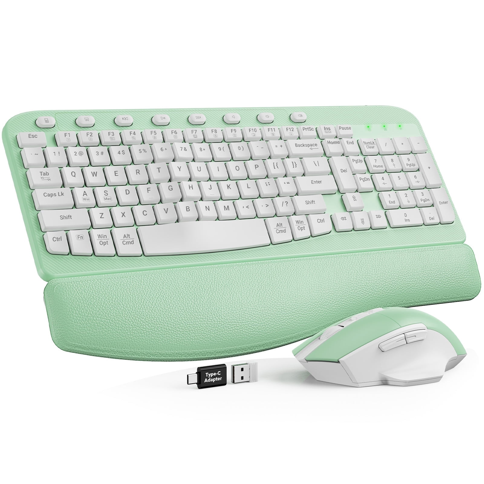 Ergonomic Wireless Keyboard and Mouse Combo Leather Cushioned Palm Rest Wave Keys Silent Typing 2.4G Lag-Free-Green