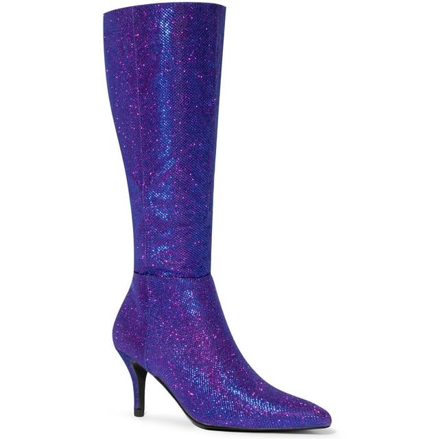 BLISSFUL STEP Bottes Hauteur Genou à Talon Aiguille Scintillantes à Paillettes pour Femmes Violet 8