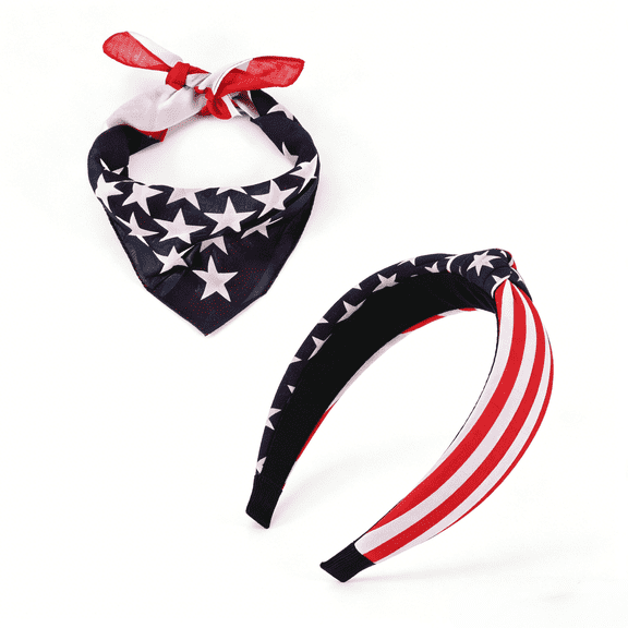 4th of July Patriotic Headband Set - American Flag Red White Blue Star Stripe Wide Knotted Headband & Bandana Head Wrap for Women Men Girls USA Independence Day Hair Accessories Neck Face Scarf
