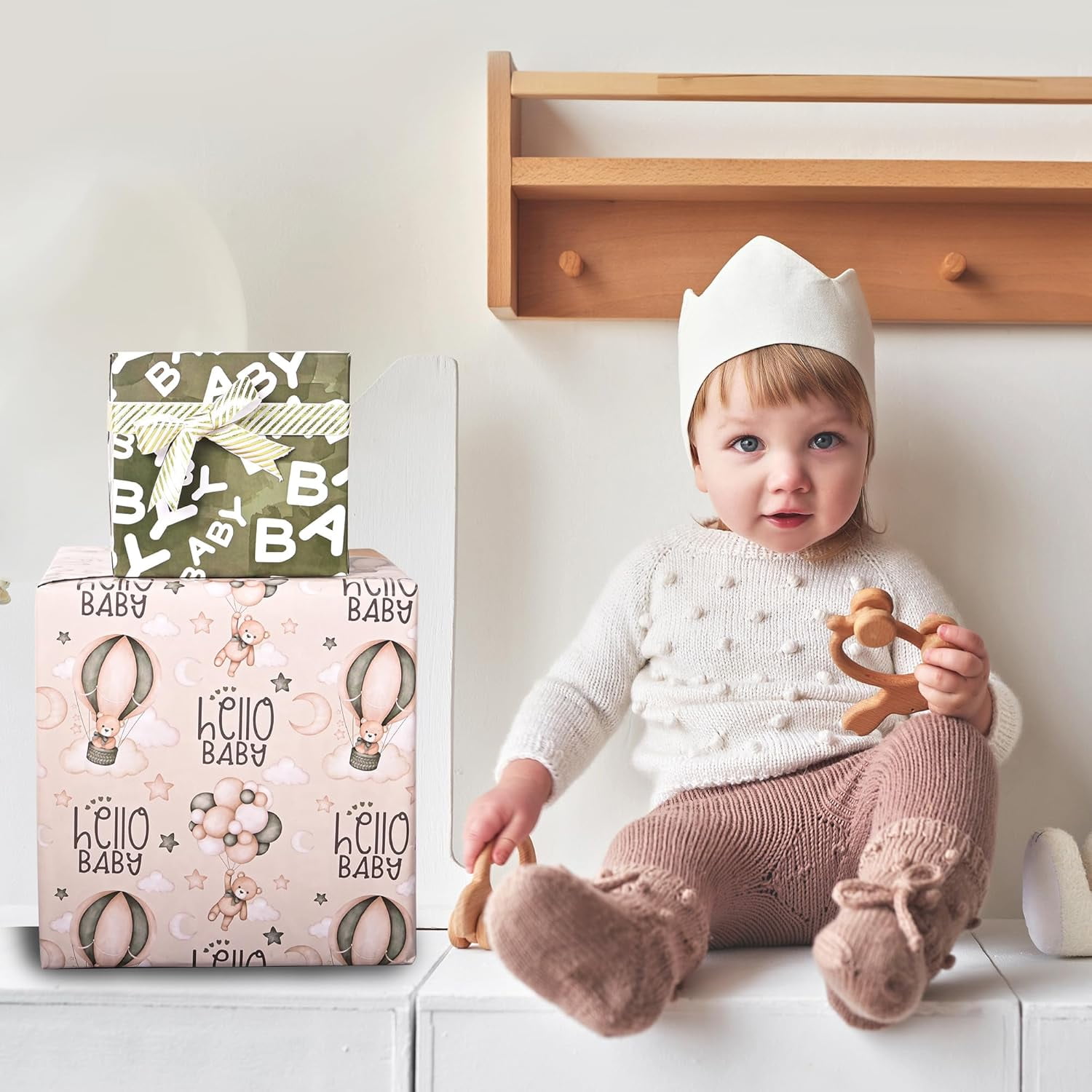 Reversible Baby Shower Wrapping Paper Roll Baby Gift Wrap with Green Brown Bear Balloons and Baby Words Pattern for Girls Boys Wedding Neutral Baby Shower Birthday Party - Total 28.5sq.ft